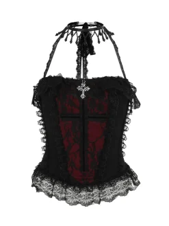 Sale Retro Stage 2PCS 1980s Gothic Steampunk Halter Cross Camisole & Mini Skirt Black