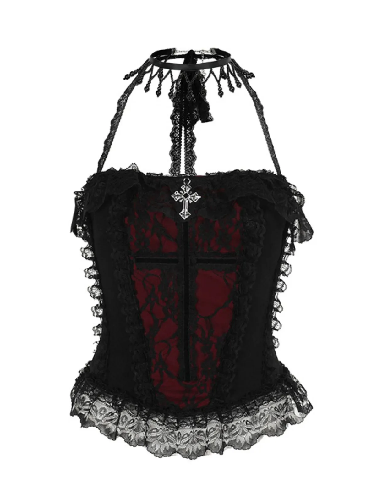 Sale Retro Stage 2PCS 1980s Gothic Steampunk Halter Cross Camisole & Mini Skirt Black