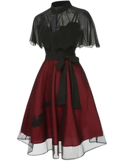 Online Retro Stage 2PCS 1950s Halloween Bat Mesh Dress & Sheer Cape Black