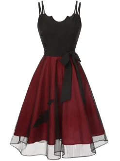 Online Retro Stage 2PCS 1950s Halloween Bat Mesh Dress & Sheer Cape Black