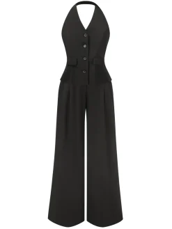 Discount Retro Stage 2PCS 1930s Halter Vest Top & Wide Leg Pants Black