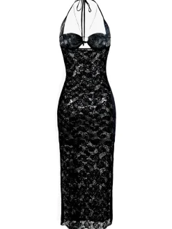 Sale Retro Stage 2PCS 1940s Lace Sheer Sleepwear Set Black