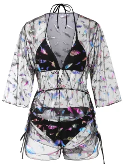 Discount Retro Stage 2PCS 1940s Lace-Up Feather Print Bikini Set & Cover-Up Black