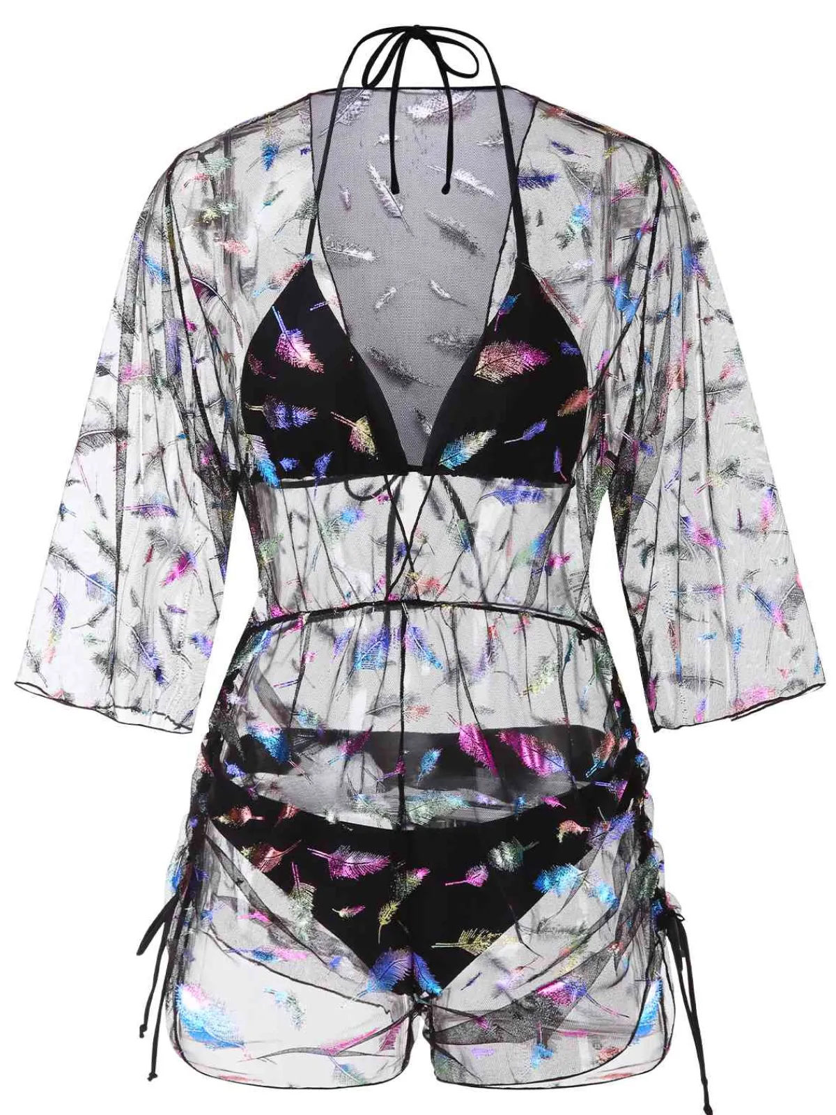 Discount Retro Stage 2PCS 1940s Lace-Up Feather Print Bikini Set & Cover-Up Black