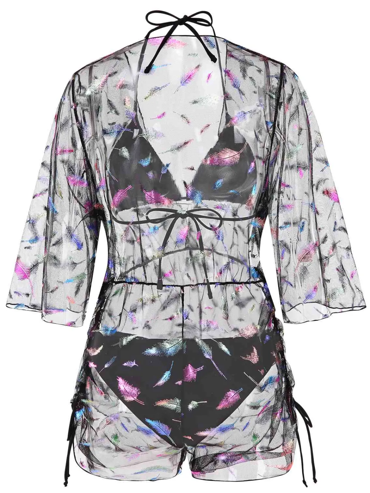 Discount Retro Stage 2PCS 1940s Lace-Up Feather Print Bikini Set & Cover-Up Black