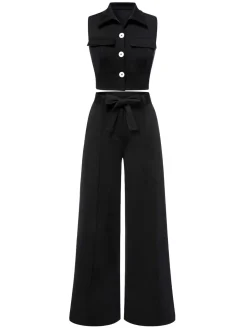 Online Retro Stage 2PCS 1960s Lapel Sleeveless Vest & Pants Black