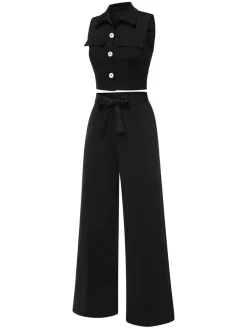 Online Retro Stage 2PCS 1960s Lapel Sleeveless Vest & Pants Black