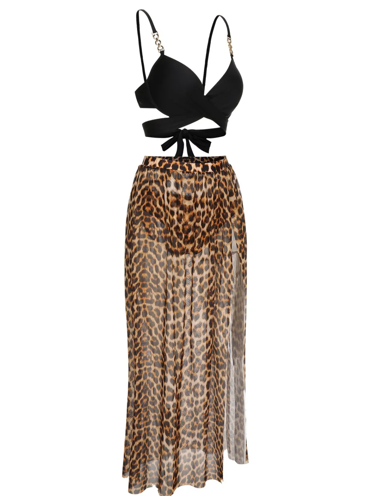 New Retro Stage 3PCS 1950s Leopard Swimsuit & Cover-Up Black