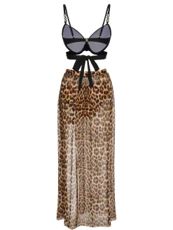 New Retro Stage 3PCS 1950s Leopard Swimsuit & Cover-Up Black