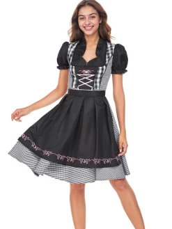 Best Retro Stage 2PCS 1950s Oktoberfest Puff Sleeves Gingham Dress with Apron Black