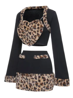 Online Retro Stage 2PCS 1960s Plush Leopard Sweetheart Top & Skirt & Coat Black
