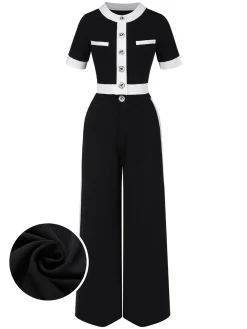 New Retro Stage 2PCS 1960s Solid Buttoned Top & Pants Black