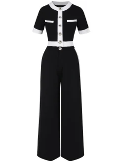 New Retro Stage 2PCS 1960s Solid Buttoned Top & Pants Black