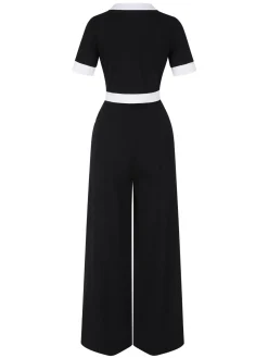New Retro Stage 2PCS 1960s Solid Buttoned Top & Pants Black
