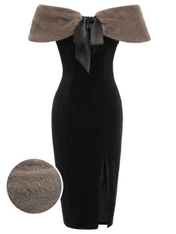 Sale Retro Stage 2PCS 1960s Solid Dress & Plush Cape Black