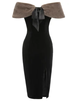 Sale Retro Stage 2PCS 1960s Solid Dress & Plush Cape Black