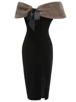 Sale Retro Stage 2PCS 1960s Solid Dress & Plush Cape Black