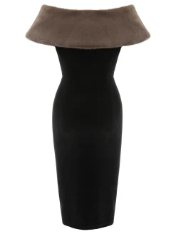 Sale Retro Stage 2PCS 1960s Solid Dress & Plush Cape Black