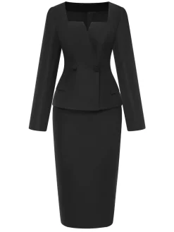 Outlet Retro Stage 2PCS 1960s Solid Square Neck Top & Back-Slit Skirt Black