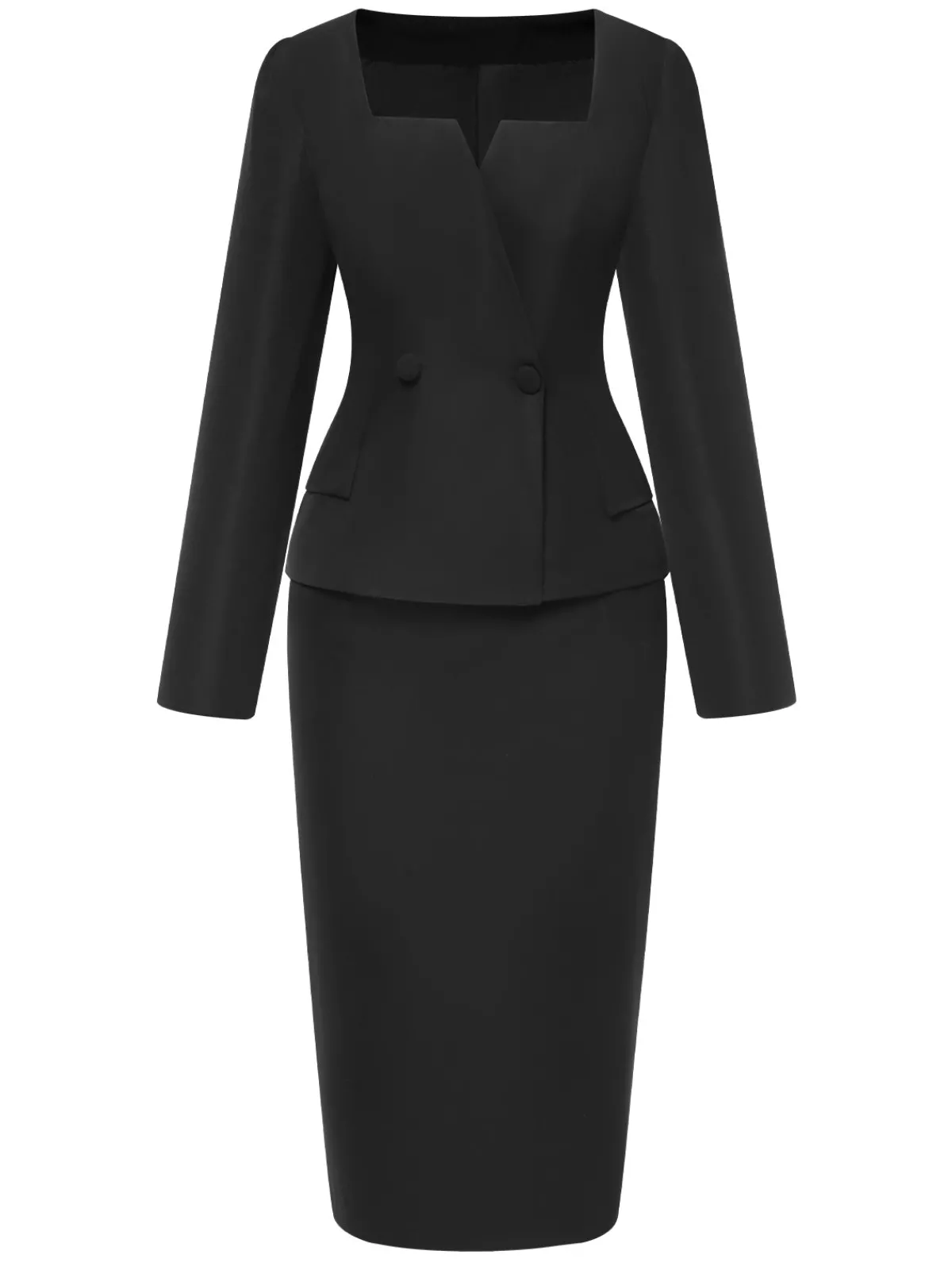 Outlet Retro Stage 2PCS 1960s Solid Square Neck Top & Back-Slit Skirt Black