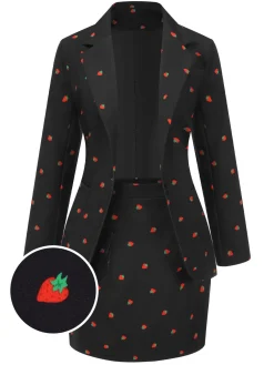 Hot Retro Stage 2PCS 1960s Strawberry Blazer & Pencil Skirt Black