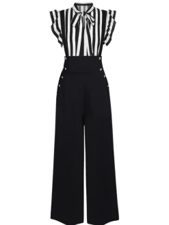 Fashion Retro Stage 2PCS 1930s Stripes Tie Collar Blouse & Suspender Pants Black