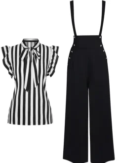 Fashion Retro Stage 2PCS 1930s Stripes Tie Collar Blouse & Suspender Pants Black