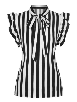 Fashion Retro Stage 2PCS 1930s Stripes Tie Collar Blouse & Suspender Pants Black