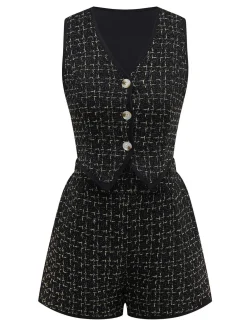 Fashion Retro Stage 2PCS 1970s Tweed Plaids Vest & Shorts Black