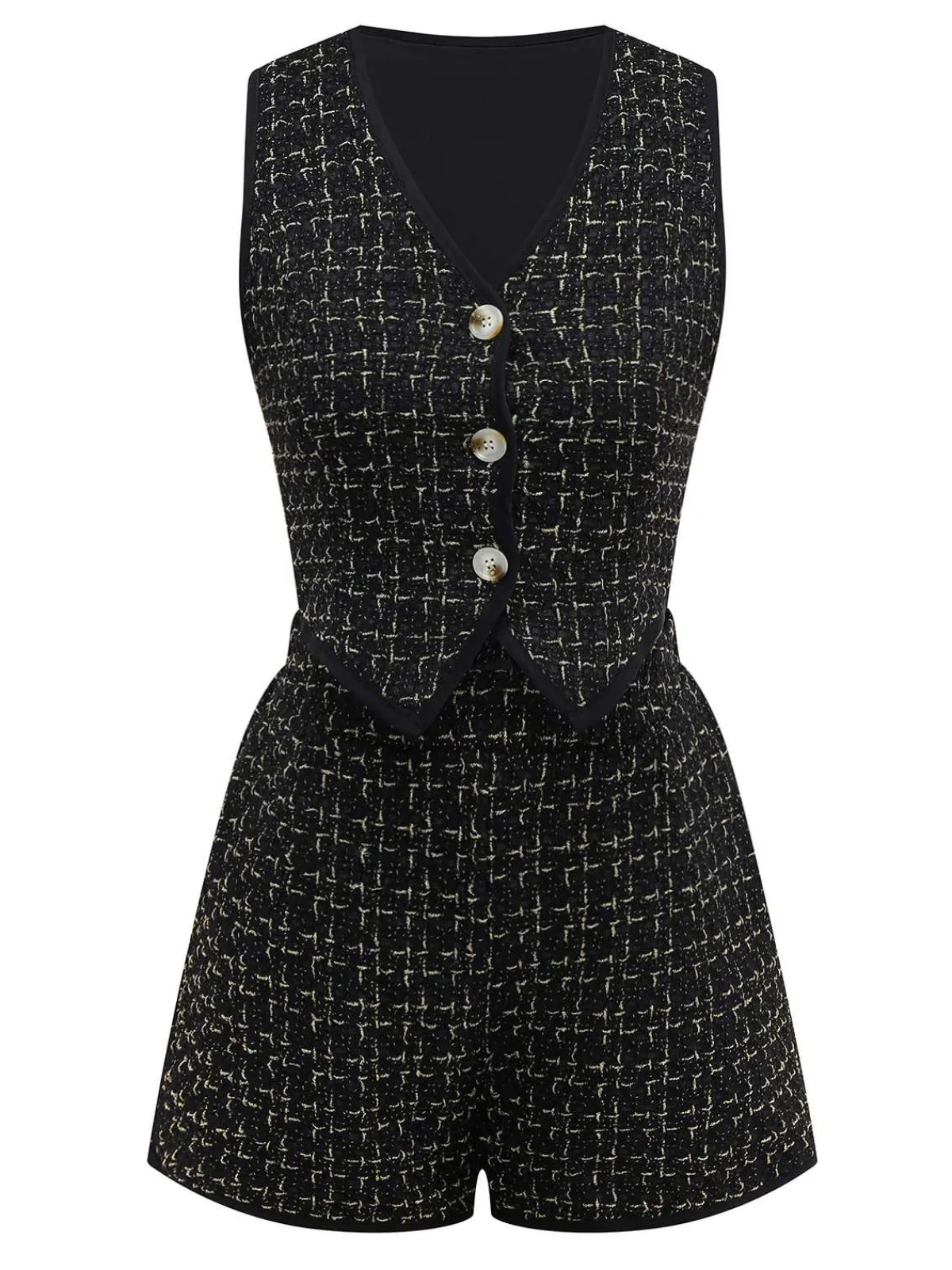 Fashion Retro Stage 2PCS 1970s Tweed Plaids Vest & Shorts Black