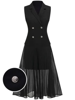 Clearance Retro Stage 2PCS 1960s V-Neck Vest Top & Pleated Skirt Black
