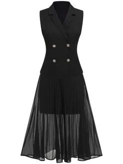 Clearance Retro Stage 2PCS 1960s V-Neck Vest Top & Pleated Skirt Black