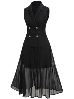 Clearance Retro Stage 2PCS 1960s V-Neck Vest Top & Pleated Skirt Black