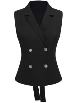 Clearance Retro Stage 2PCS 1960s V-Neck Vest Top & Pleated Skirt Black
