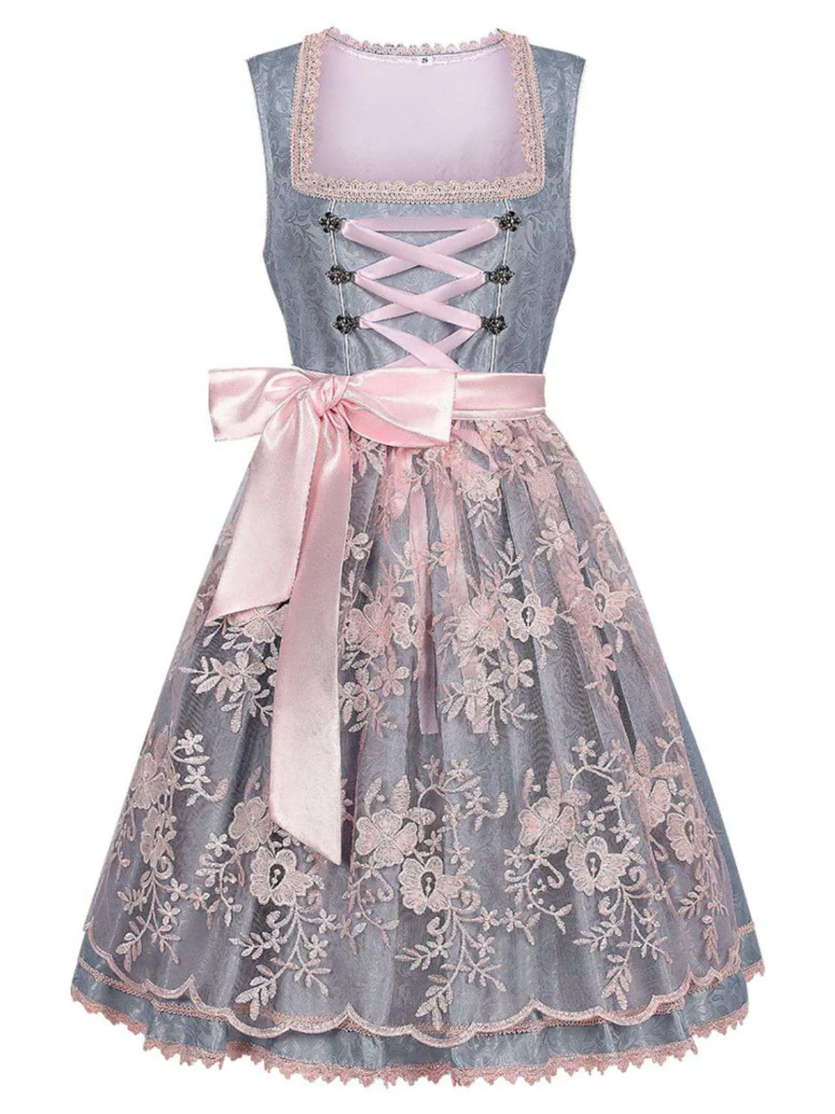 Hot Retro Stage 2PCS 1950s Floral Dress & Mesh Embroidered Apron Blue Grey