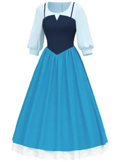Fashion Retro Stage 2PCS 1940s Blouse & Colorblock Suspender Dress Blue