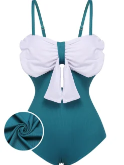 Online Retro Stage 2PCS 1930s Bow Strap Swimsuit & Skirt Blue