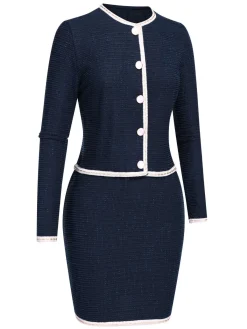 Best Retro Stage 2PCS Blue 1960s Contrast Short Coat & Pencil Skirt Dark Blue