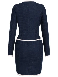 Best Retro Stage 2PCS Blue 1960s Contrast Short Coat & Pencil Skirt Dark Blue