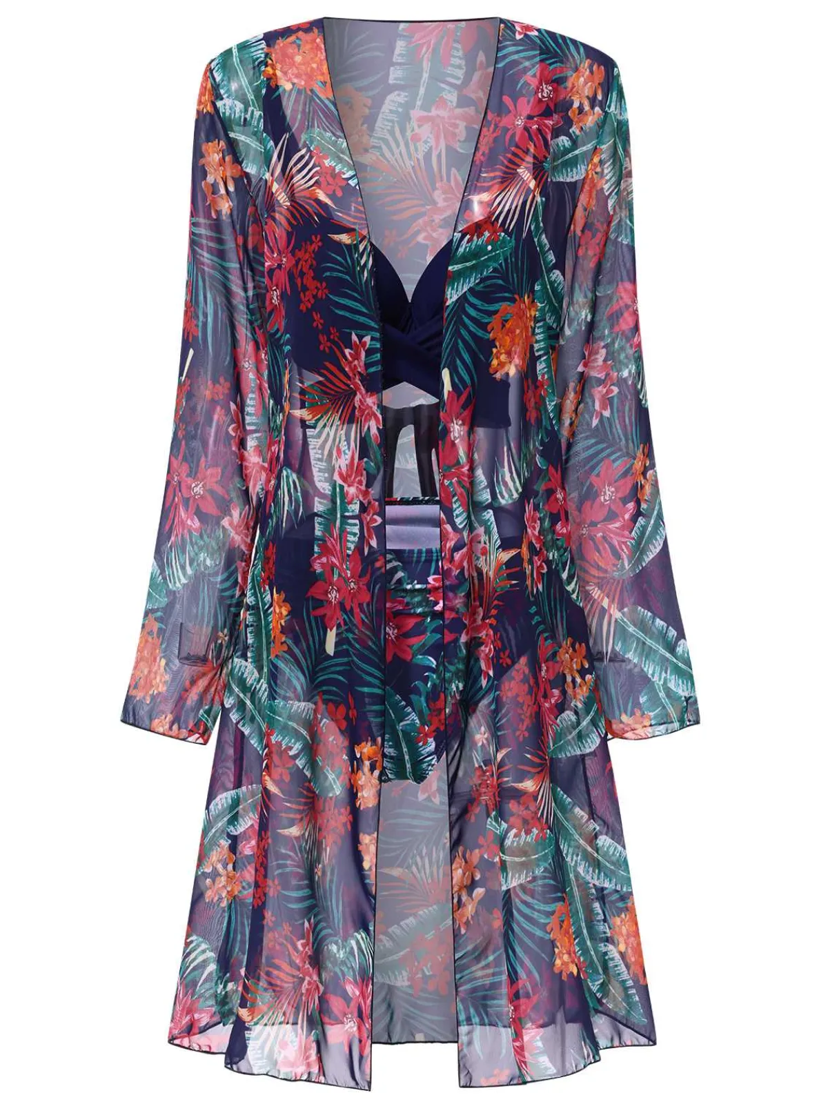 Clearance Retro Stage 2PCS Blue 1960s Floral Plant Print Bikini Sets & Cover-Up Dark Blue