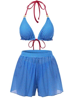 Online Retro Stage 2PCS 1950s Halter Plaid Alloy Star Bikini Set & Shorts Blue