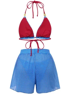 Online Retro Stage 2PCS 1950s Halter Plaid Alloy Star Bikini Set & Shorts Blue
