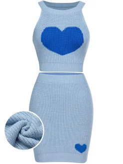 Fashion Retro Stage 2PCS 1960s Knitted Heart Cropped Top & Skirt Blue