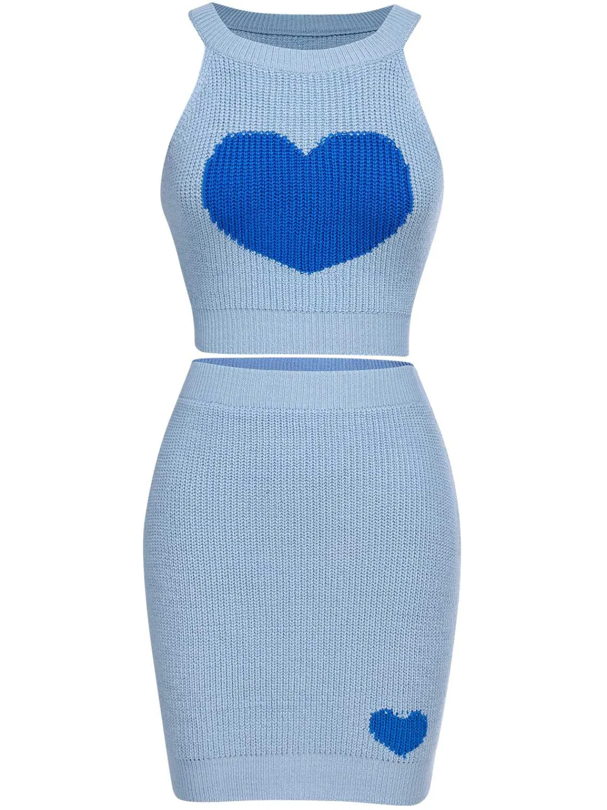 Fashion Retro Stage 2PCS 1960s Knitted Heart Cropped Top & Skirt Blue