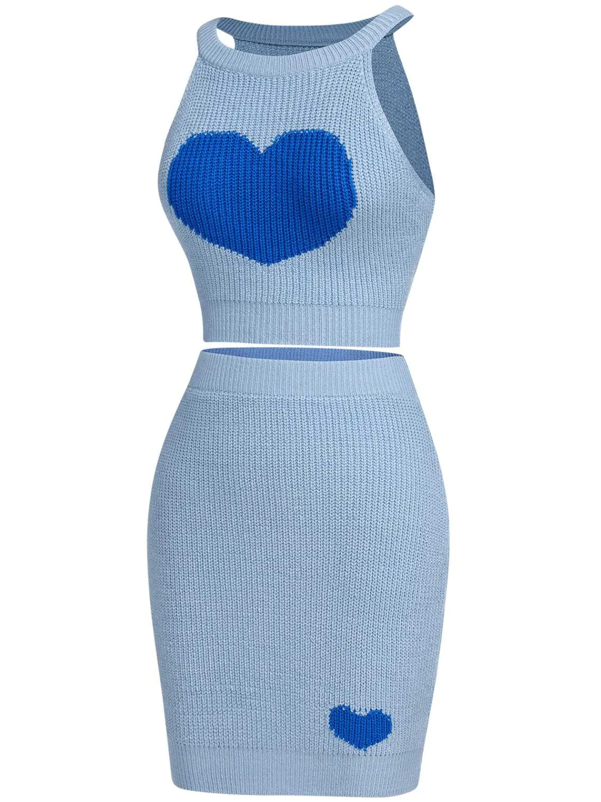 Fashion Retro Stage 2PCS 1960s Knitted Heart Cropped Top & Skirt Blue