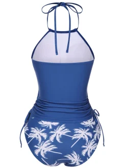 Discount Retro Stage 2PCS 1960s Knot Tropical Print Halter Swimsuit Blue