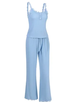 Sale Retro Stage 2PCS 1950s Lace Patchwork Sleepwear Blue