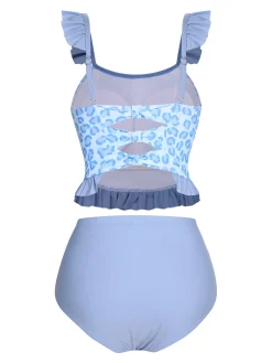 Outlet Retro Stage 2PCS 1940s Leopard Patchwork Swimsuit Blue