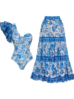 Discount Retro Stage 2PCS 1950s One-Shoulder Print Swimsuit & Cover-Up Blue