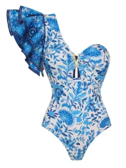 Discount Retro Stage 2PCS 1950s One-Shoulder Print Swimsuit & Cover-Up Blue